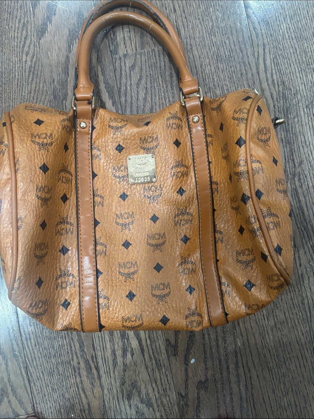 MCM Cognac Monogram Visetos Satchel with Gold Plaque